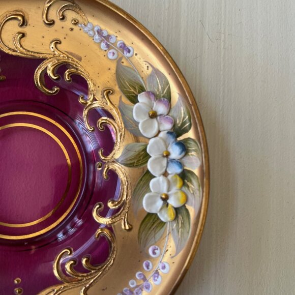 MURANO GLASS TEACUP SAUCER SET ITALY Venetian Hand Painted, Raised Floral Design - Picture 8 of 10